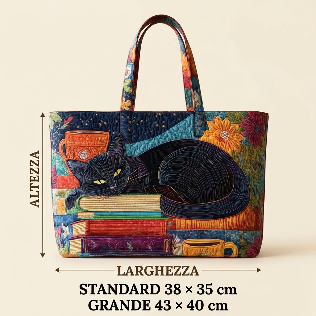 Women's Bag with Black Cat, Books and Mugs – Two Sizes