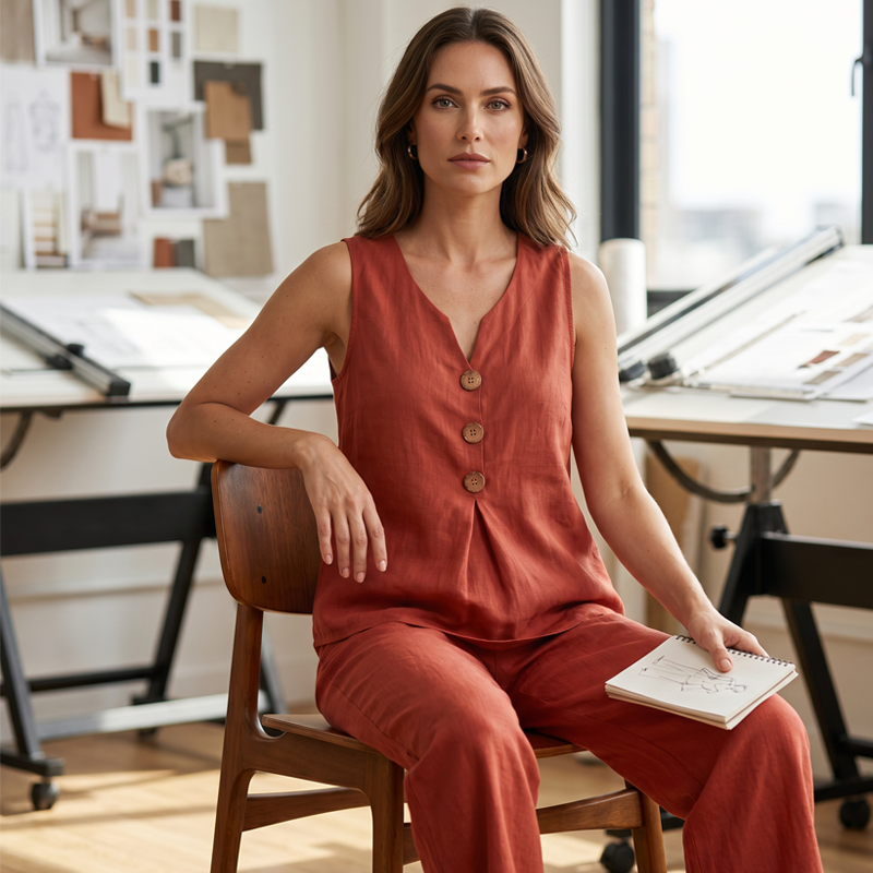 Sleeveless Button Top and Loose Pants Set