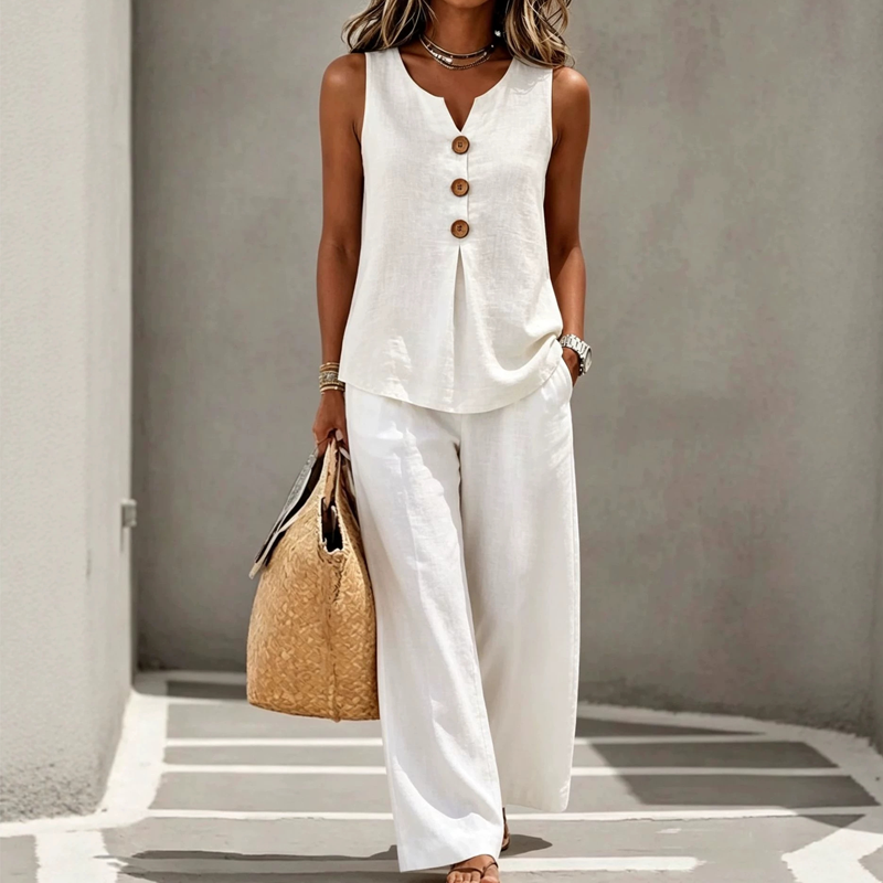 Sleeveless Button Top and Loose Pants Set