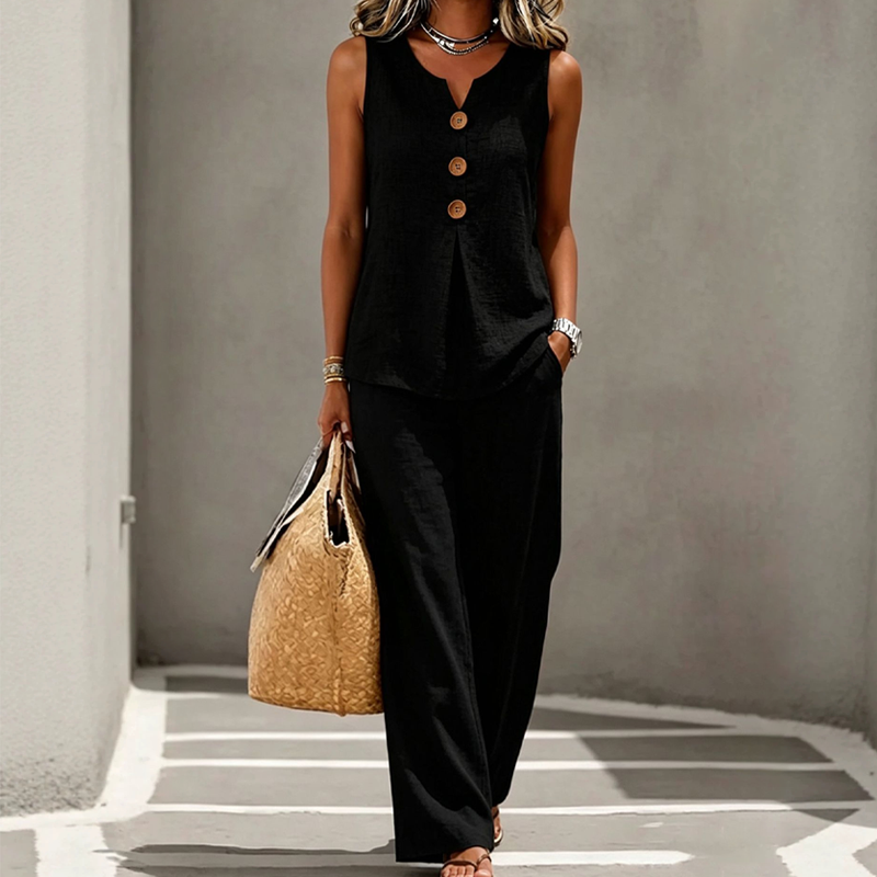 Sleeveless Button Top and Loose Pants Set