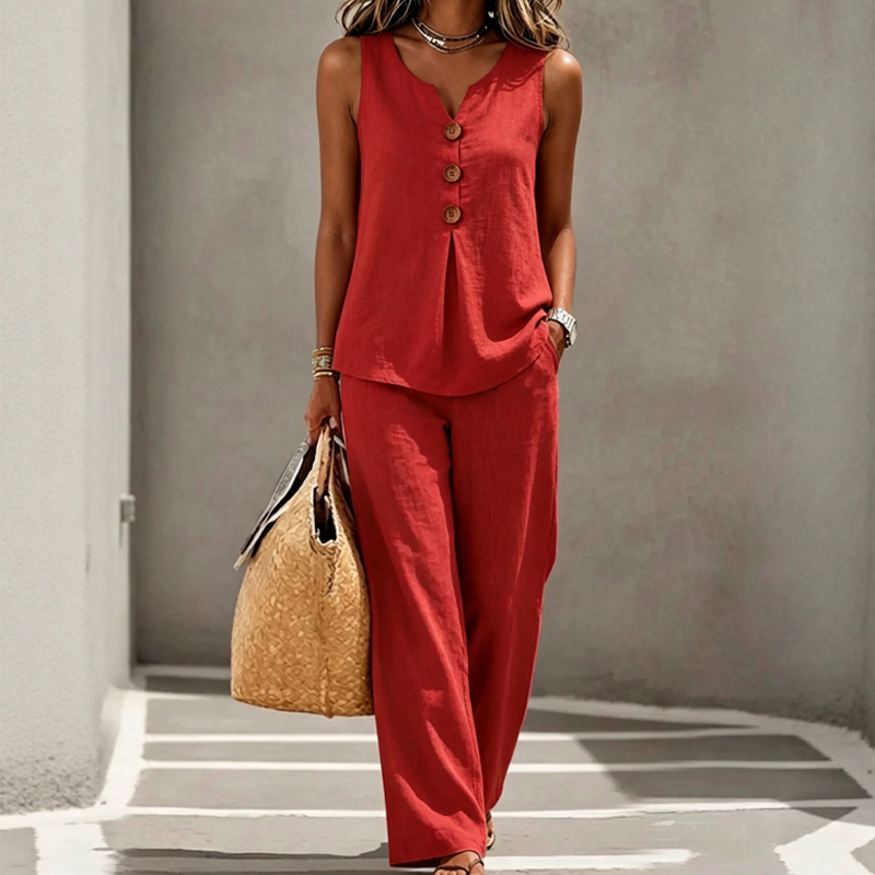 Sleeveless Button Top and Loose Pants Set