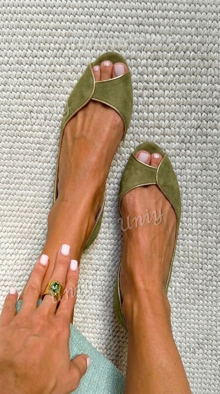 Beige and Gold Faux Suede Peep Toe D'Orsay Ballet Flats