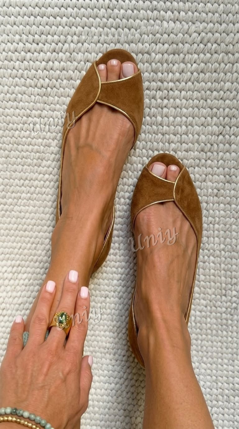 Beige and Gold Faux Suede Peep Toe D'Orsay Ballet Flats