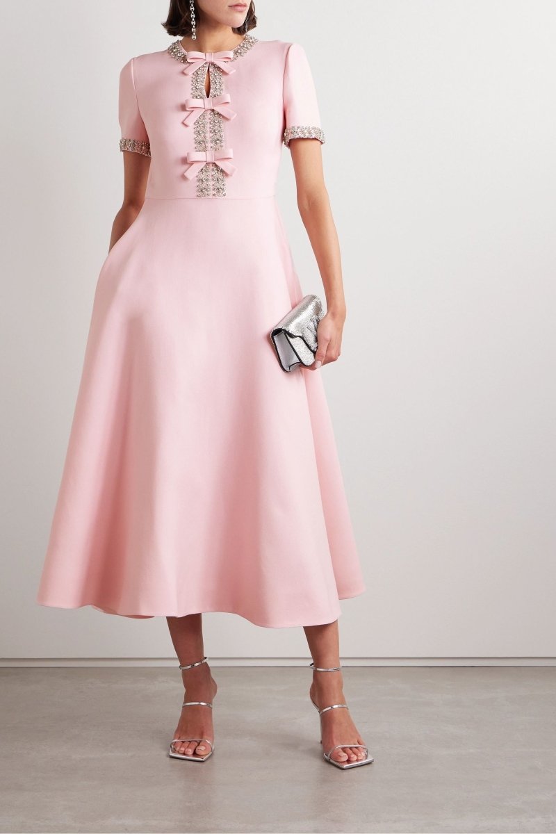 Satin Midi Dress with Knot and Crystal Embellishments